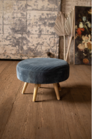 Velvet Ottoman With Wooden Legs (Color: Steel Blue)