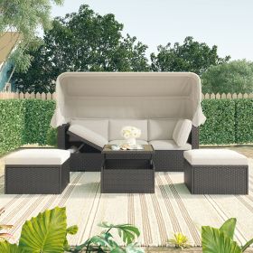 Outdoor Patio Rectangle Daybed with Retractable Canopy;  Wicker Furniture Sectional Seating with Washable Cushions;  Backyard;  Porch (Color: Beige)