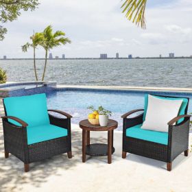 3 Pieces Patio Rattan Furniture Set with Washable Cushion and Acacia Wood Tabletop (Color: Turquoise)