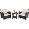 3 Pieces Patio Rattan Furniture Set with Washable Cushion and Acacia Wood Tabletop